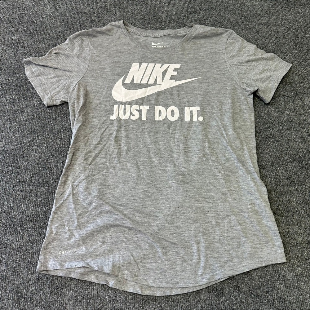 Nike T-Shirt Womens Size S Gray Dri-Fit Viscose Blend Just Do It Athletic Tee